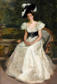 Charles Edward Ritchie, ROI - A portrait of an elegant lady in a white dress seated on balcony