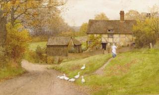 Charles Edward Wilson - A milkmaid and geese before a cottage in a wooded landscape
