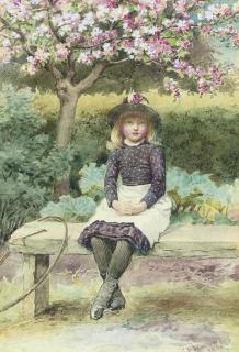 Charles Edward Wilson - A young girl with a hoop and stick, seated on a bench, below an apple tree in blossom