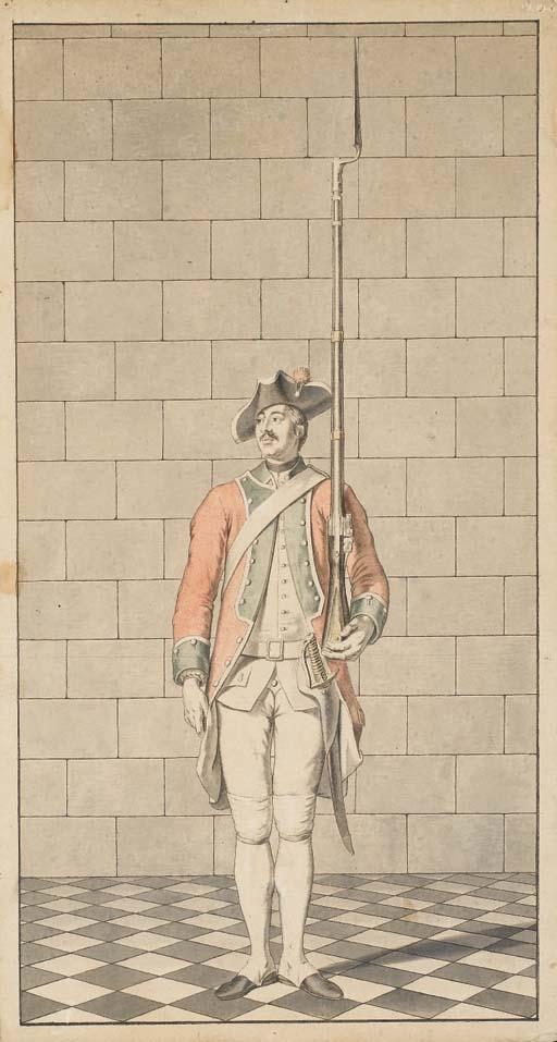 Charles Eisen - Un soldat de la Garde française, tenant son fusil à baillonnette dans la main gauche