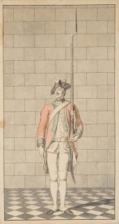 Charles Eisen - Un soldat de la Garde française, tenant son fusil à baillonnette dans la main gauche