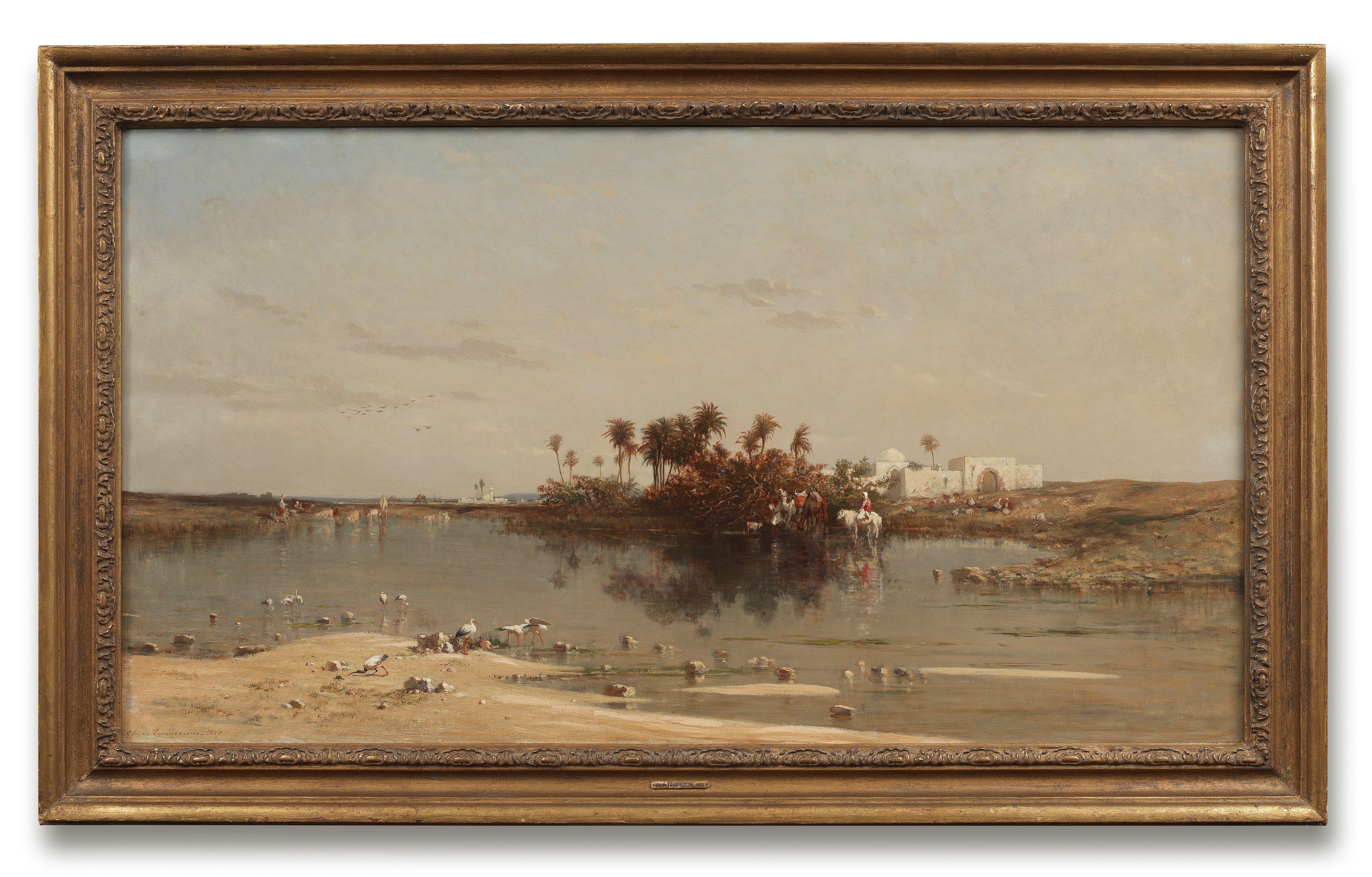 Charles Emile de Tournemine - Horses watering at an oasis