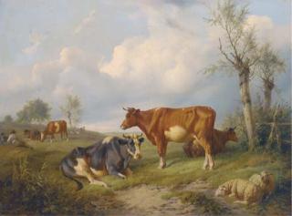 Charles-Emile Jacque - A Shepherd And His Dog With Cattle And Sheep In A Field
