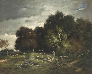 Charles-Émile Jacque - A shepherd grazing his flock