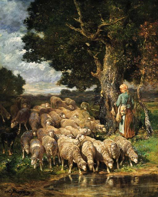 Charles-Emile Jacque - A Shepherdess with her Flock near a Stream