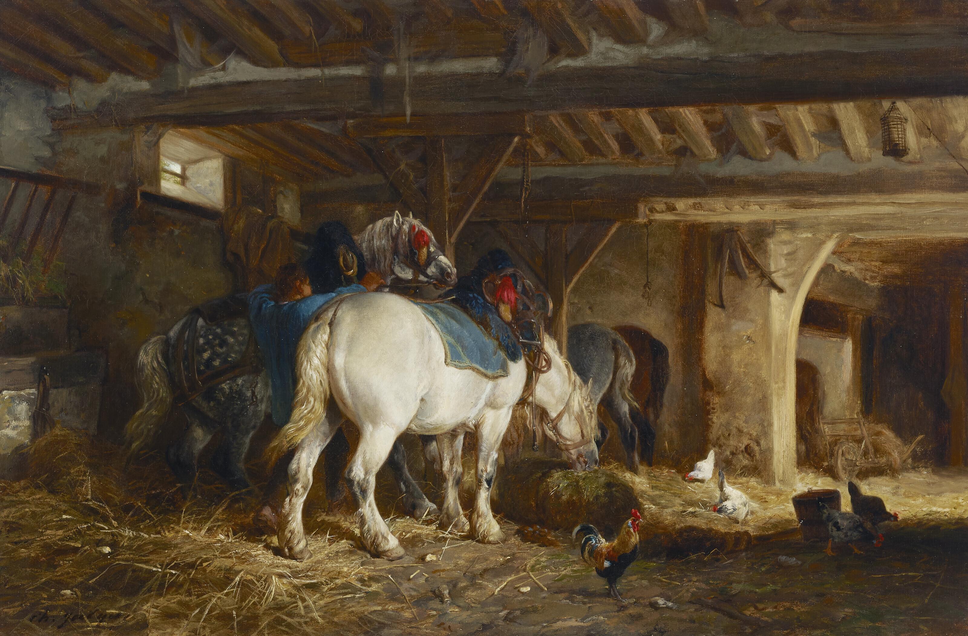 Charles-Émile Jacque - Écurie de ferme avec chevaux et poules