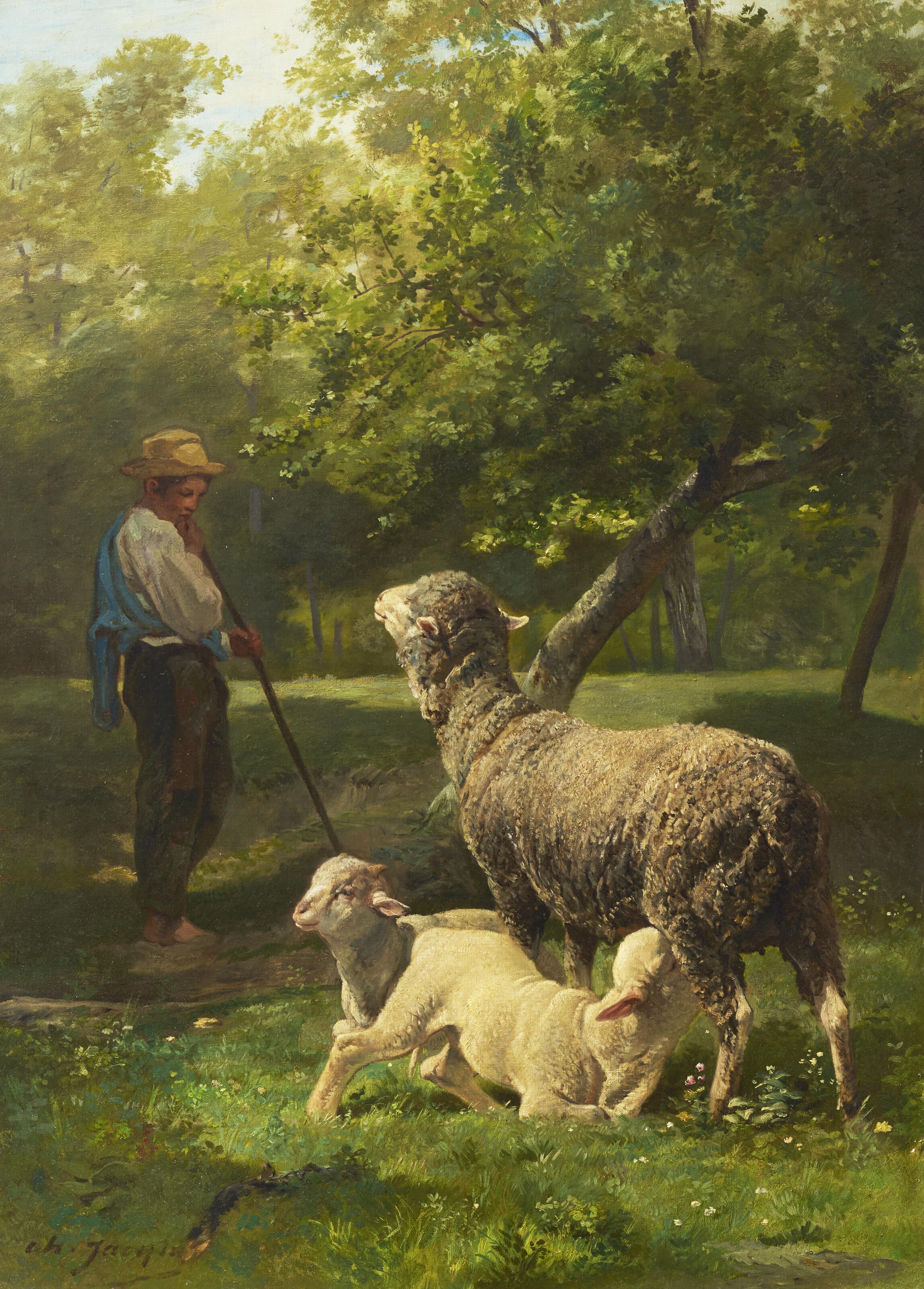 Charles-Émile Jacque - Jeune berger gardant ses moutons, été