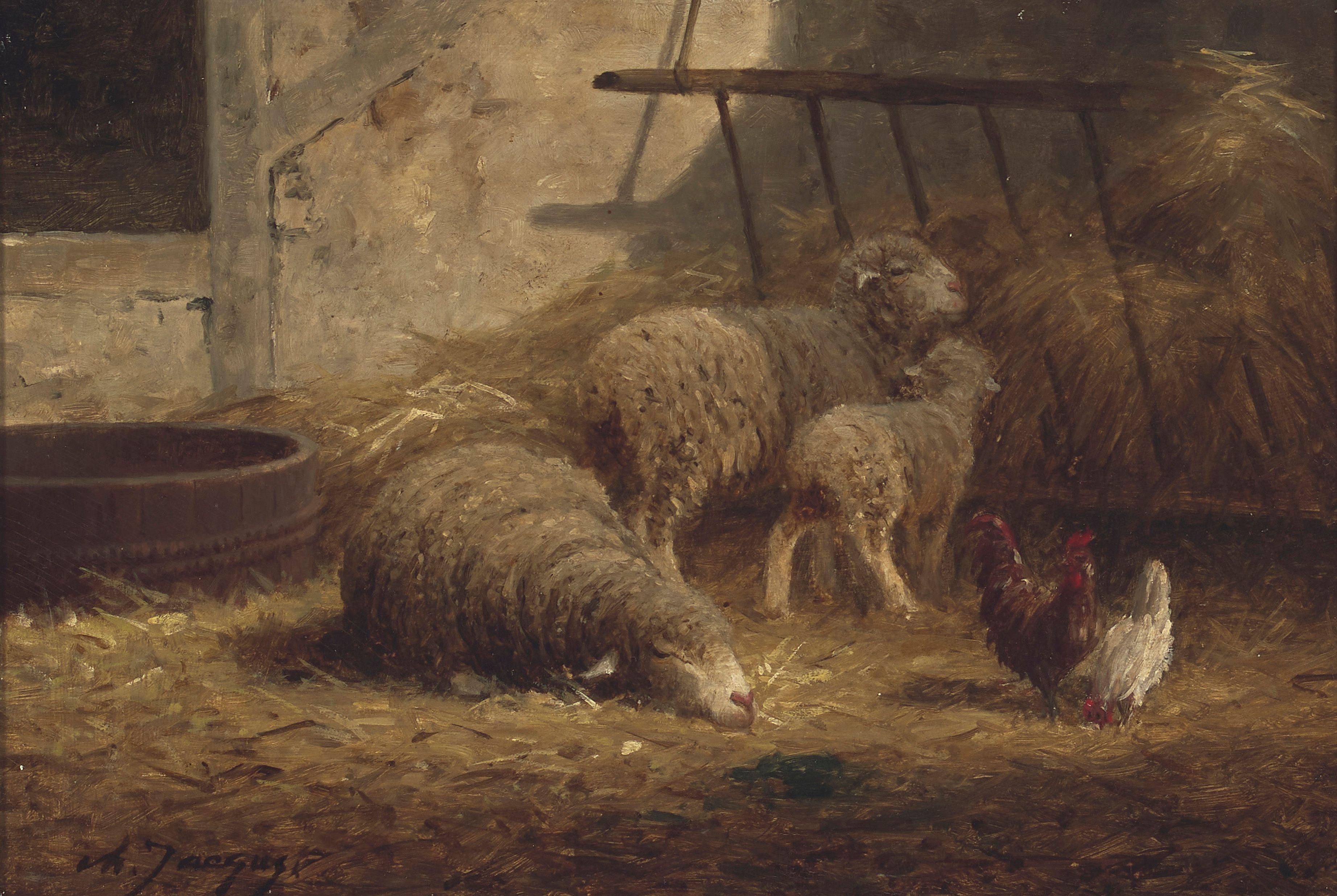 Charles Émile Jacque - Sheep and chickens in a barnyard
