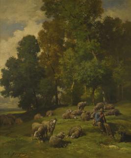 Charles Émile Jacque - Shepherd In A Field With His Flock