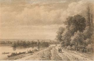 Charles Émile Jacque - Spaziergänger und Kahnfahrer in französischer Flusslandschaft