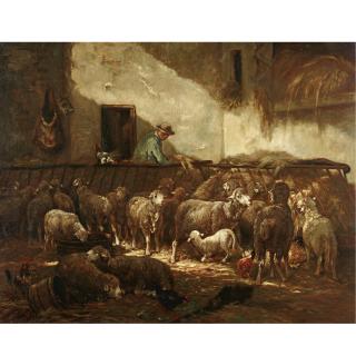 Charles Emile Jacque - Un Troupeau De Mouton Dans Une Grange