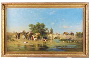 Charles-Emile Vacher De Tournemine - La Halte Des Éléphants Près De La Rivièrecharles-Emile Vacher De Tournemine ; Elephants By A River ; Signed Lower Left ; Oil On Canvas