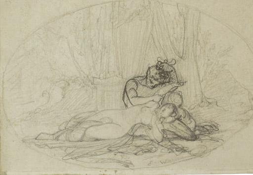 Charles-Emile Wattier - Une nymphe allongée dans les bras d\'un satyre, des arbres à l\'arrière-plan