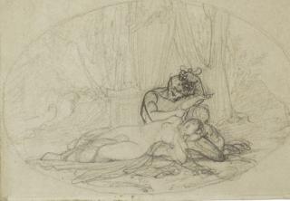 Charles-Emile Wattier - Une nymphe allongée dans les bras d\'un satyre, des arbres à l\'arrière-plan
