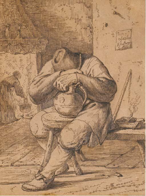 Charles Eschard - Un paysan assis endormi s\'appuyant sur une cruche, une femme près d\'une cheminée au fond