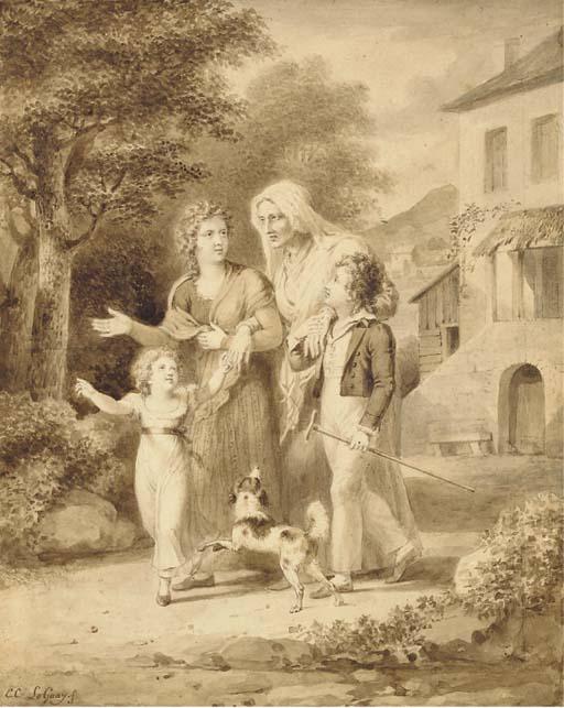 Charles-Etienne Le Guay - Une Femme Agée Soutenue Par Deux Enfants Et Une Femme Marchant Près D\'Une Maison