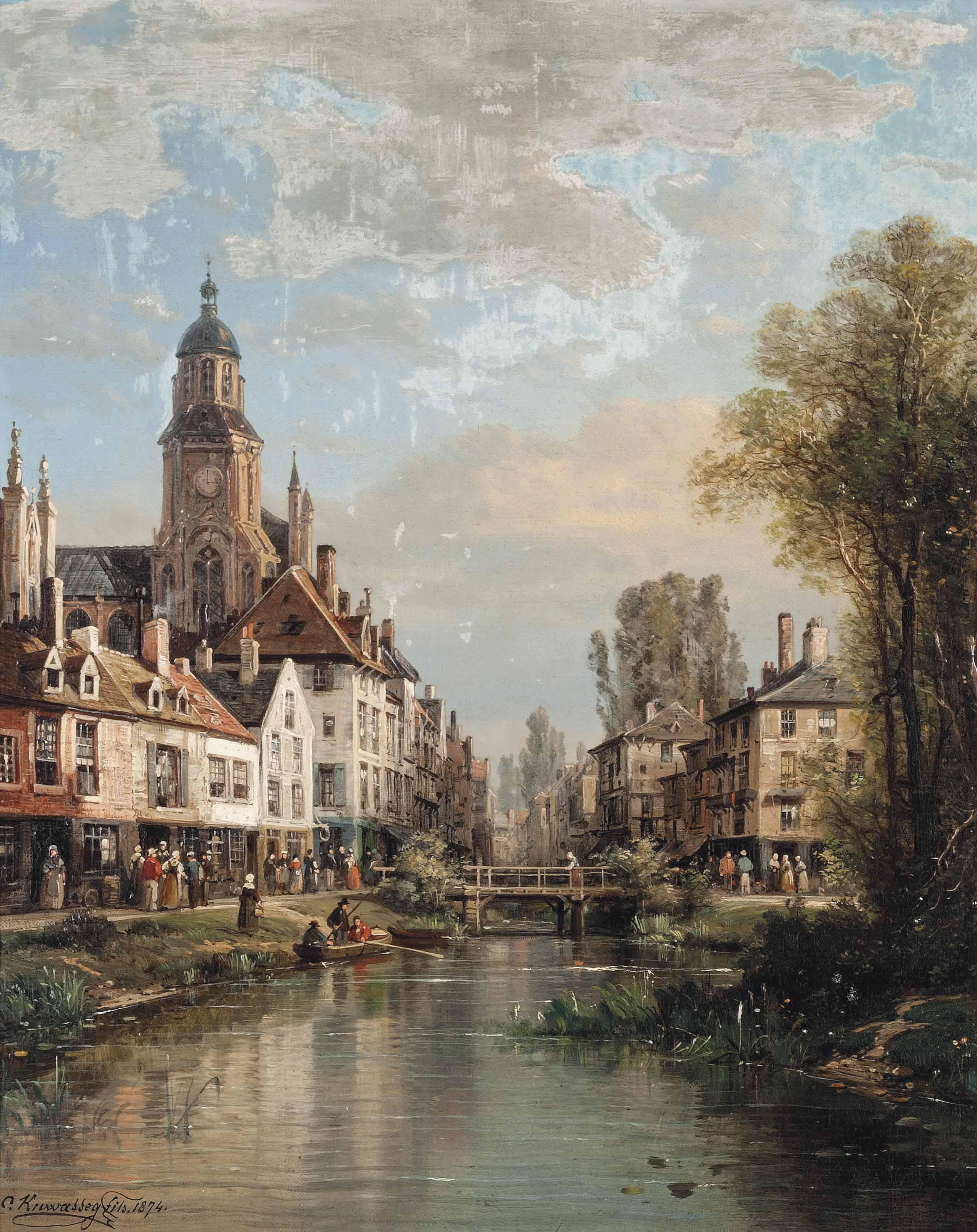 Charles Euphrasie Kuwasseg - A Bustling Market Town
