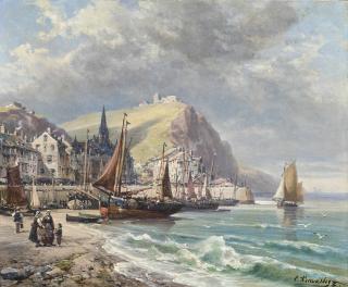 Charles Euphrasie Kuwasseg - A coastal harbour