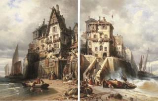 Charles Euphrasie Kuwasseg - A harbour in the calm; and A harbour in rough seas