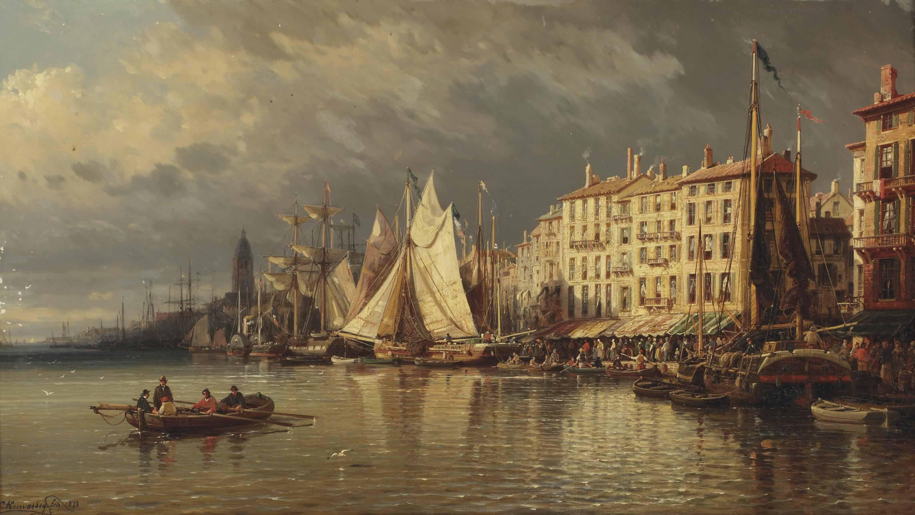 Charles Euphrasie Kuwasseg - A View Of A Mediterranean Harbour