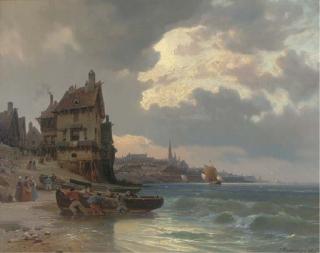 Charles Euphrasie Kuwasseg - Dragging A Fishing Boat Ashore By A French Port