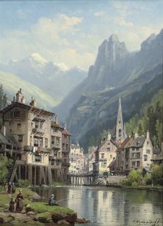 Charles Euphrasie Kuwasseg - Fishing before a lakeside town