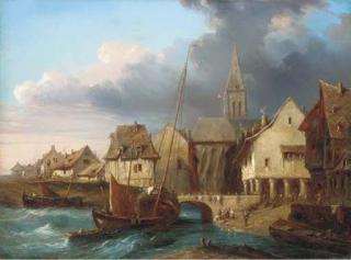 Charles Euphrasie Kuwasseg - Fishing vessels in a French harbour before a fish market