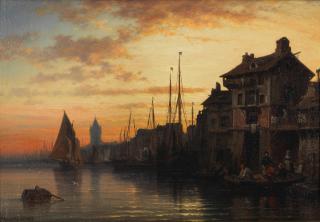 Charles Euphrasie Kuwasseg - Harbour scene, evening