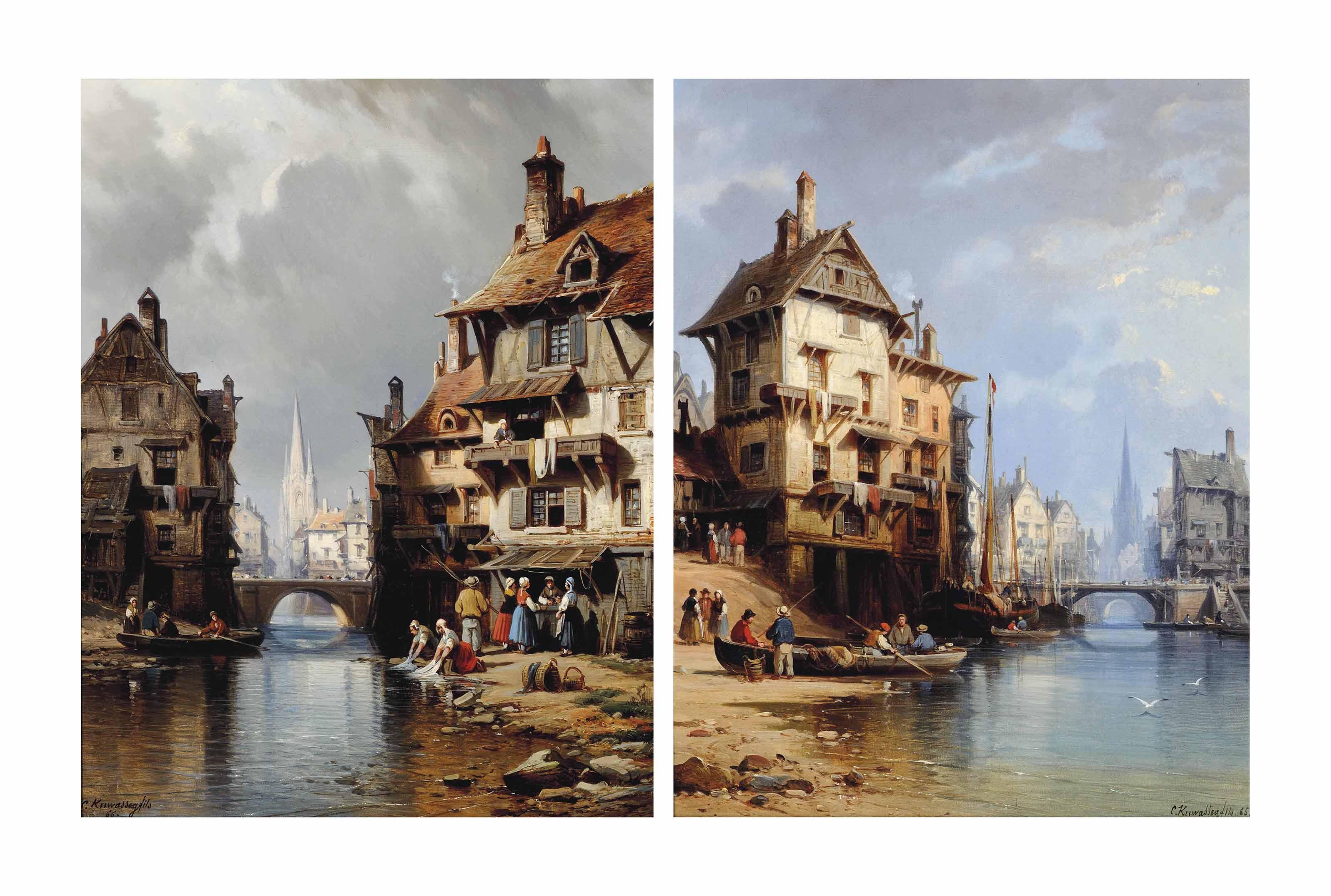 Charles Euphrasie Kuwasseg - Preparing The Boat At The Water\'S Edge; And Washing Clothes At The River