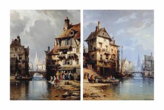 Charles Euphrasie Kuwasseg - Preparing The Boat At The Water\'S Edge; And Washing Clothes At The River