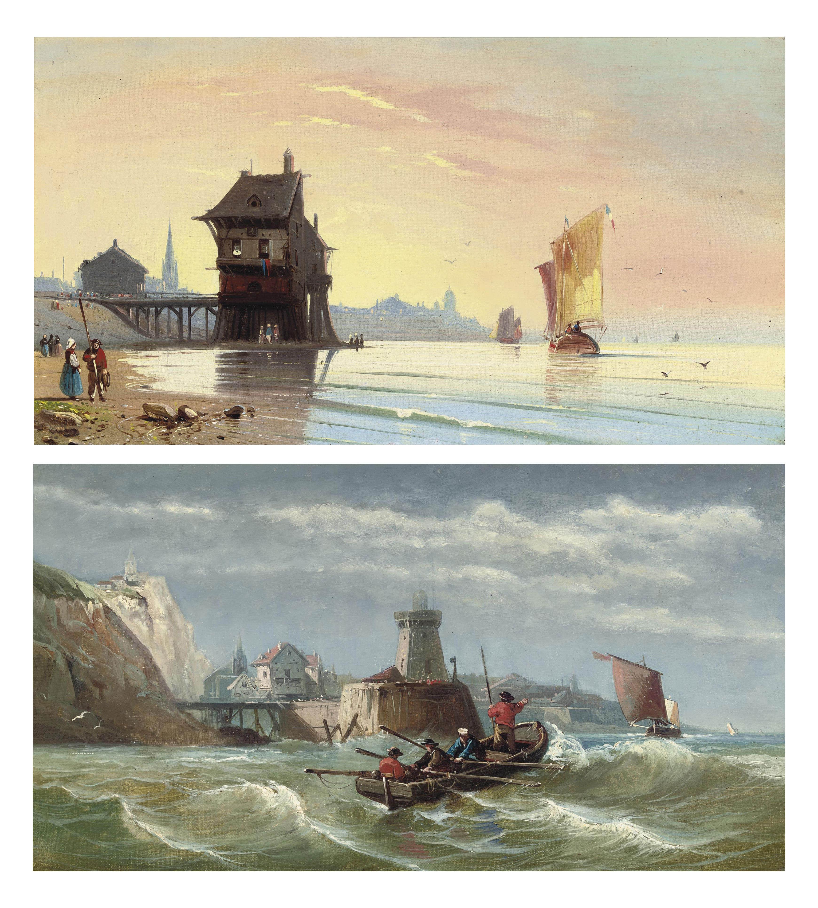 Charles Euphrasie Kuwasseg - Rowing out at a lighthouse; and A calm day on the French coast