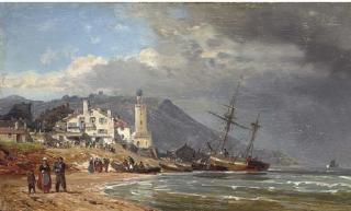 Charles Euphrasie Kuwasseg - Unloading vessels on the Normandy coast