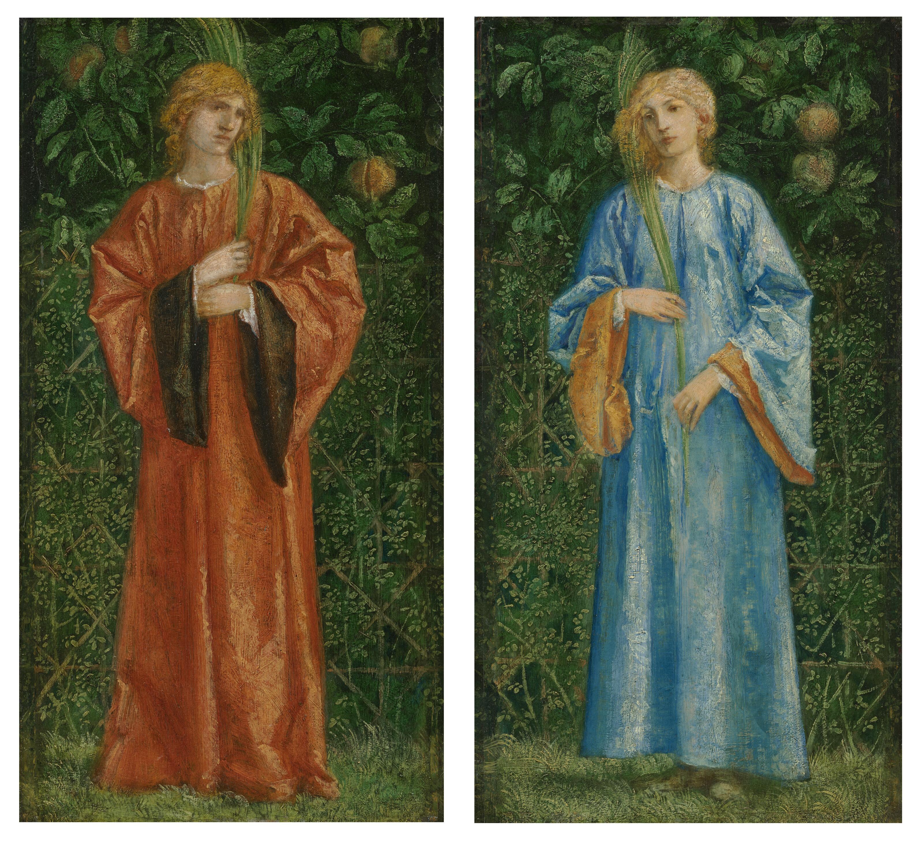 Charles Fairfax Murray - A male figure dressed in orange holding a palm; and A female figure dressed in blue holding a palm