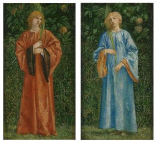 Charles Fairfax Murray - A male figure dressed in orange holding a palm; and A female figure dressed in blue holding a palm