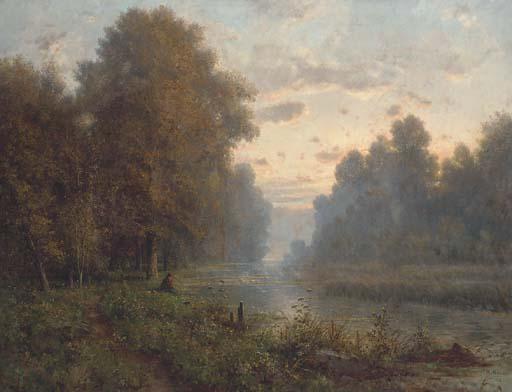 Charles-Felix-Edouard Deshayes - Angling at dusk