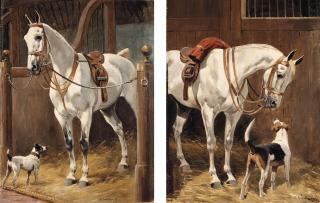 Charles-Fernand De Condamy - Greys with Hounds in stables