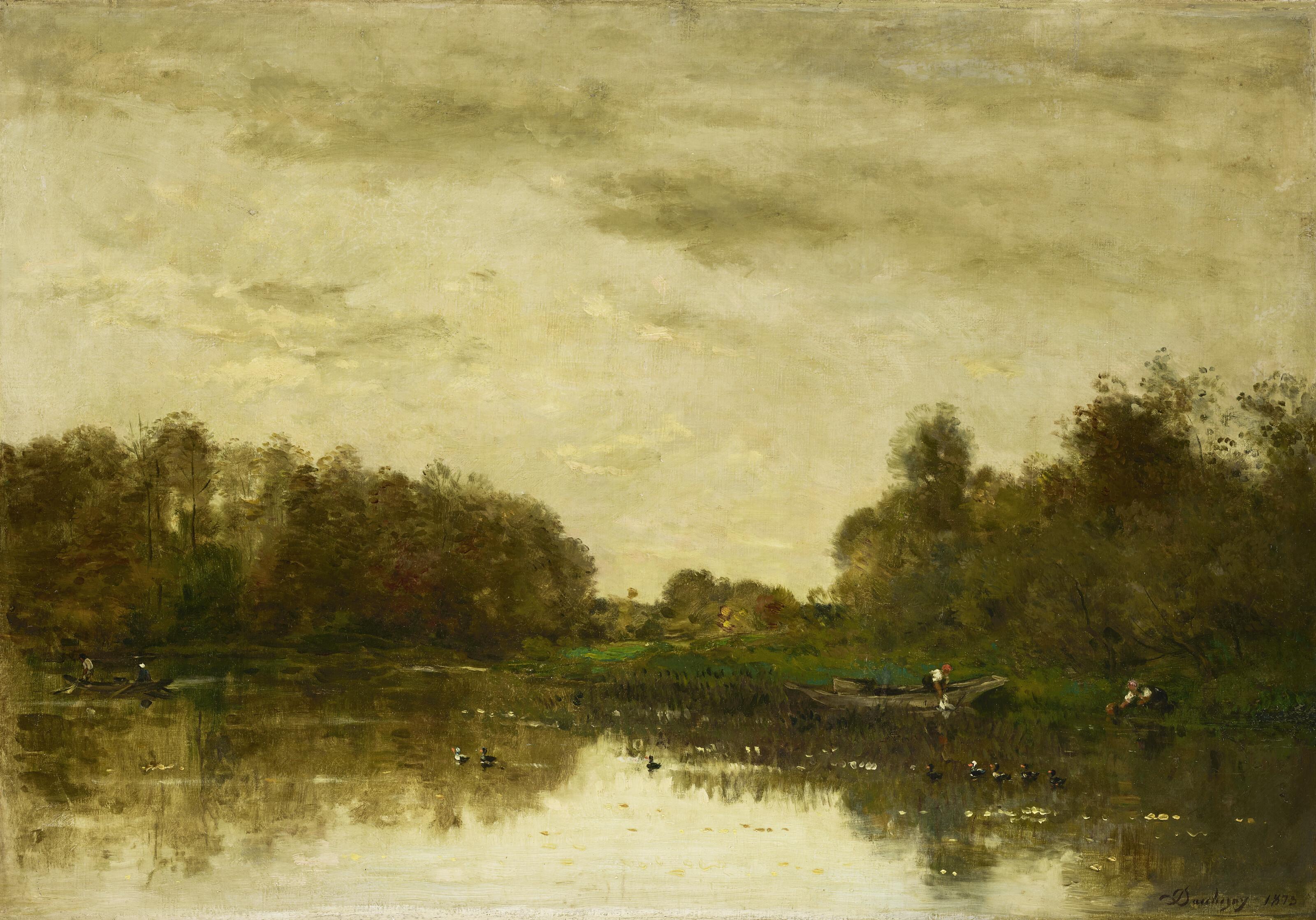 Charles-François Daubigny - Barques et canards au bord de la rivière