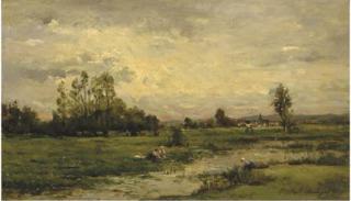 Charles-Francois Daubigny - Un Paysage Avec Des Lavandières Au Bord D\'Une Rivière