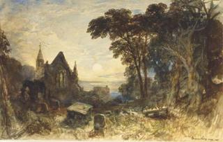 Charles-François Daubigny - Un Paysage Nocturne Avec Une Église Et Un Cimetière Au Premier Plan
