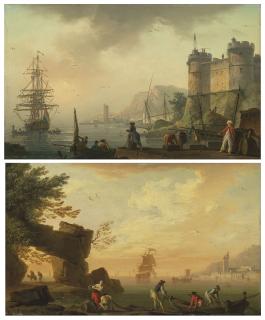 Charles-François Grenier De La Croix, Called Lacroix De Marseille - Morning: Levantine merchants on a quay below a castle, a three-master at anchor beyond; and Evening: Fisherfolk drawing in their nets, a port beyond