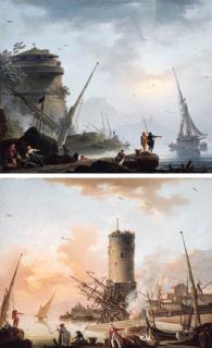 Charles-François Grenier De La Croix - A Mediterranean coast with fisherfolk on the shore, a tower and shipping beyond; and A Mediterranean port with fishermen and orientals on the shore, a tower and a galley being caulked beyond