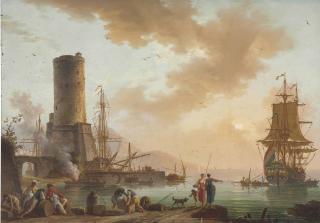 Charles-Francois Grenier De Lacroix, Called Lacroi - A Mediterranean Port With A Fortified Tower And An Anchored Ship, Ladies And Merchants In The Foreground