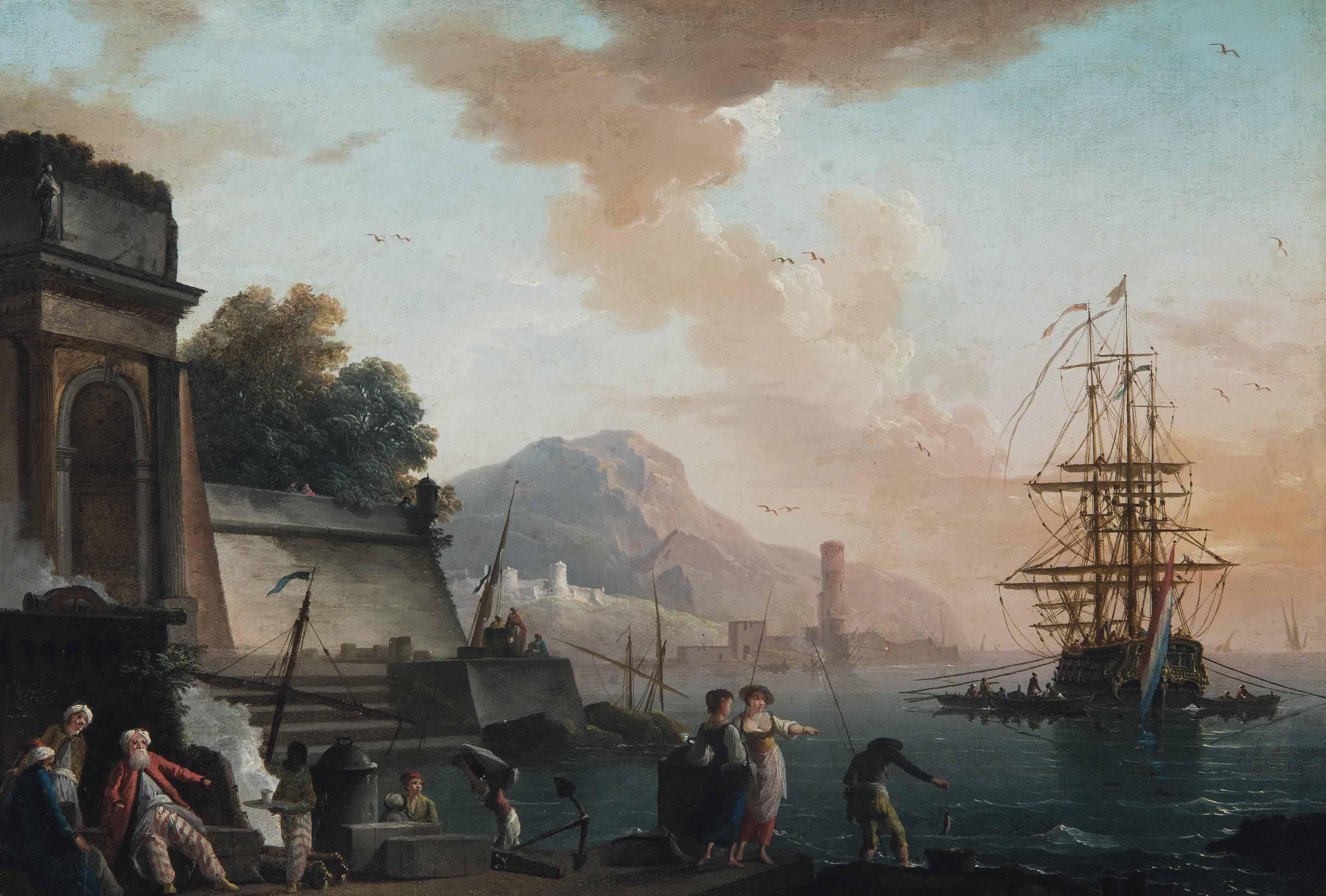 Charles-François Grenier De Lacroix, Called Lacroix De Marseille - A Mediterranean harbour scene at sunset, with figures smoking and conversing in the foreground and an anchored ship beyond