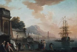 Charles-François Grenier De Lacroix, Called Lacroix De Marseille - A Mediterranean harbour scene at sunset, with figures smoking and conversing in the foreground and an anchored ship beyond