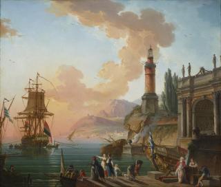 Charles François Grenier de Lacroix - A capriccio of a Mediterranean port with a lighthouse and an anchored ship, women and merchants in the foreground