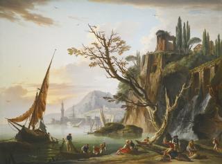 Charles-François Grenier De Lacroix - A Coastal Landscape At Sunset, With Fishermen Mooring Their Boats And Figures On The Shore