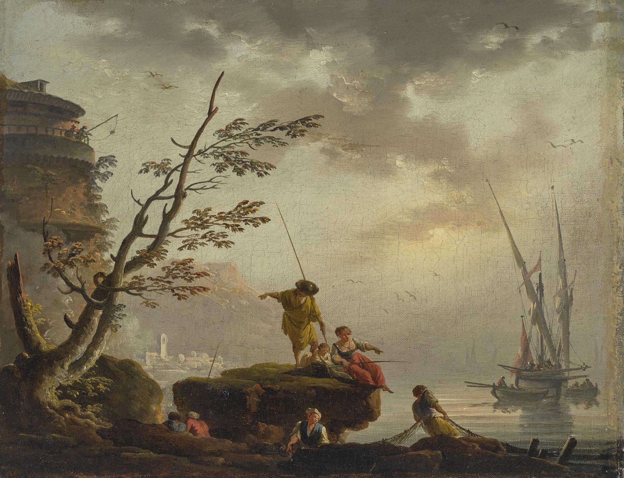 Charles-François Grenier De Lacroix - A Harbor View At Dawn With Fisherfolk