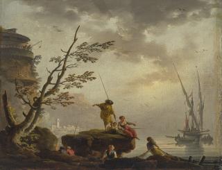 Charles-François Grenier De Lacroix - A Harbor View At Dawn With Fisherfolk