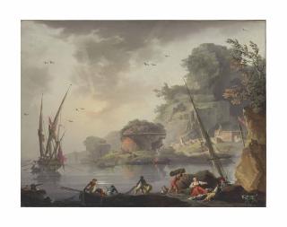 Charles-François Grenier De Lacroix - A Mediterranean port at dawn with shipping and fisherfolk