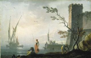 Charles-François Grenier De Lacroix - A Mediterranean port scene with fisherfolk and other figures